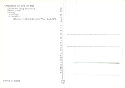Natividade — pintura flamenga por volta de 1530 — Kunstverlag Wolferum, Viena — Verso