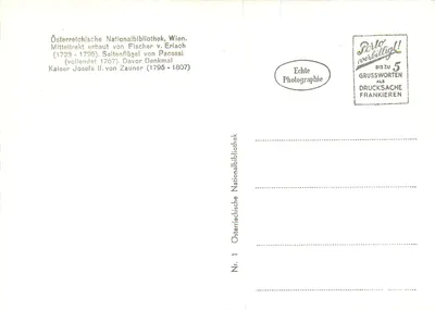 Biblioteca Nacional Austriaca — edifício central e estátua do imperador José II — editor: Österreichische Nationalbibliothek, n° 1 — Verso
