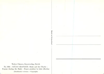 Lucas Cranach — Repouso durante a fuga — Walter Classen, Kunstverlag, Zürich, n° 3086 — Verso