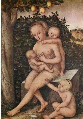 A Virgem com o Menino — cena do Éden — gravura ou reprodução a partir de uma pintura antiga