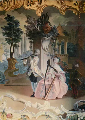 Cena de jardim rococó — músicos e dançarino — editor desconhecido