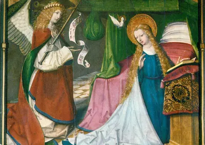 Anjo anunciando à Virgem Maria — pintura religiosa — editor e número de série ilegíveis