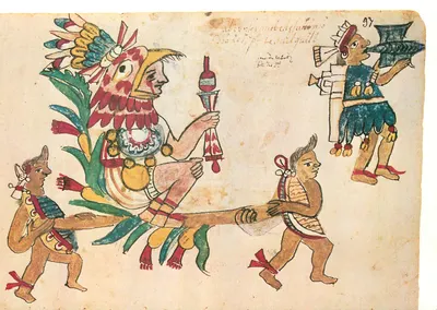 Figura mitológica asteca — detalhes de traje e equipamento ritual — editor desconhecido, número de série 97