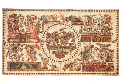 Carta postal representando o Codex Borbonicus — motivos astecas — editor desconhecido, n° de série não visível