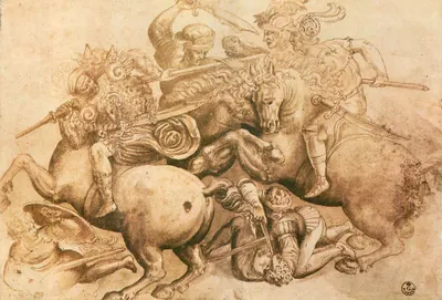 Batalha de cavaleiros — desenho a tinta e caneta — editor desconhecido