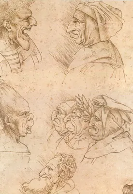 Estudo de rostos expressivos — desenho a pena e tinta — atribuído a Leonardo da Vinci
