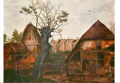 Vila rural com ruínas — pintura de estilo antigo — editor não identificável