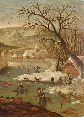 Cena invernal com patinadores — pintura antiga — editor e número de série não legíveis