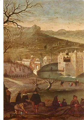 Cena invernal com castelo — pintura antiga — editor e número de série ilegíveis