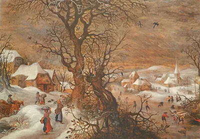 Paisagem de inverno — aldeia nevada com figuras — pintura atribuída a Pieter Bruegel o Velho