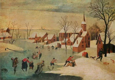 Cena de deslize em um lago congelado — pintura de Pieter Bruegel o Velho — reprodução em cartão postal