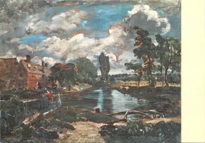 Paisagem fluvial com casa e árvores — pintura a óleo — editor desconhecido
