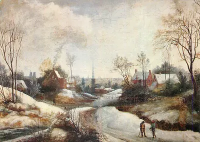 Paisagem invernal — aldeia nevada com caminho e fumaça — pintura