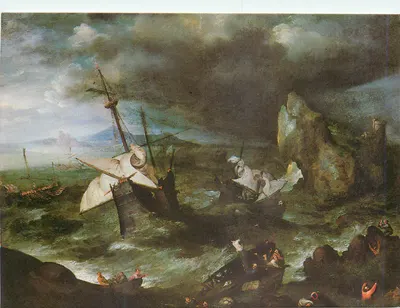 Navios em perigo em uma tempestade — pintura a óleo — editor desconhecido, número de série não visível