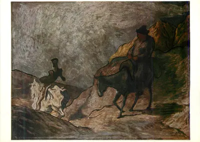 Paisagem montanhosa — homem a cavalo e figura sentada — J. H. (assinatura visível)