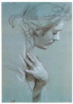 Mulher jovem em perfil — desenho a lápis — L. B. (assinatura)