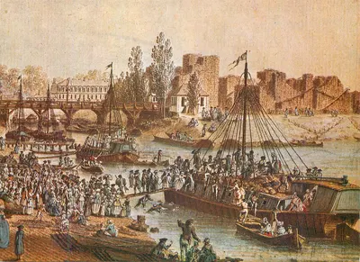 Cena fluvial animada — ponte e ruínas no fundo — editor desconhecido