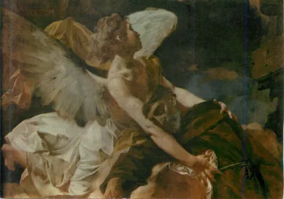 Anjo consolando um idoso — reprodução de uma pintura — editor não visível