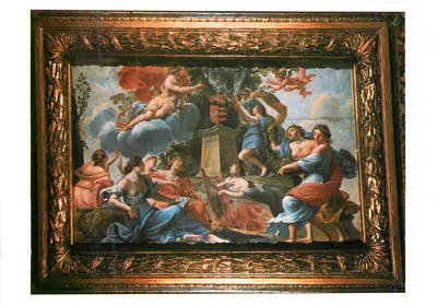 Pintura mitológica — cena com musicista e figuras celestes — editor desconhecido, número de série ilegível