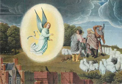 Anjo anunciando aos pastores — reprodução de uma pintura antiga — editor não identificável