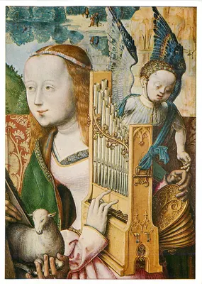 Santa Maria e o anjo com órgão — reprodução de uma pintura — editor ilegível