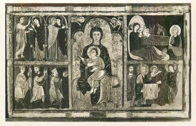 Painel poliptico religioso — cena da Virgem com o Menino e outros episódios — editor desconhecido, número de série ilegível