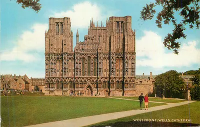 Fachada oeste, Catedral de Wells — vista panorâmica — editor não identificável