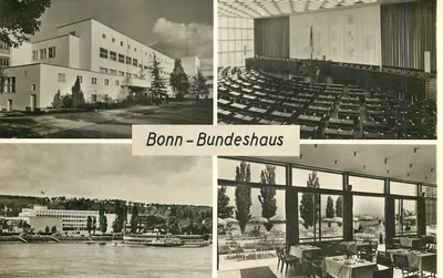 Bonn - Bundeshaus — vista do edifício, do parlamento, do rio Reno e de um restaurante