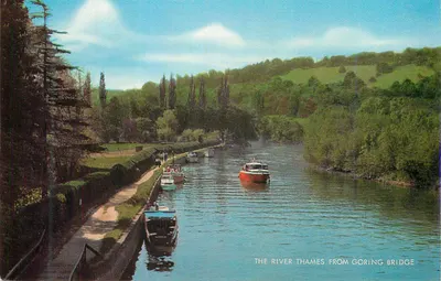 O rio Thames visto do ponte de Goring — vista panorâmica com barcos e margens verdes
