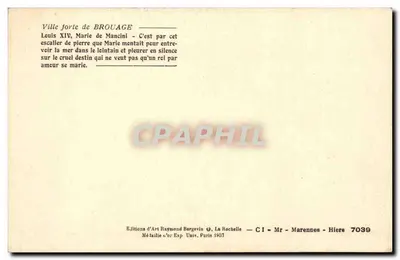 Escalier de pierre à Brouage — Ville forte de Brouage — Éditeur Raymond Bergevin, La Rochelle — Verso