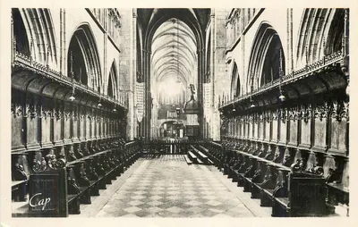Interior da catedral — vista da nave com cadeiras e abóbada gótica — editor Cap