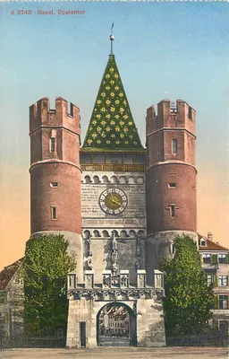 Basel. Spalentor — porta fortificada com torre central com teto cônico decorado — editor d 2148