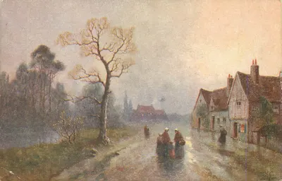 Vila sob a chuva — pintura a óleo — editor não identificado