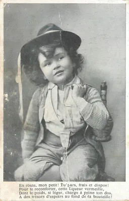 Bilhete postal antigo Em frente, meu pequeno Tu cars frescos e dispostos Para te reconfortar esta liqueur vermelha Chicoree Extra E Humblot a Ho