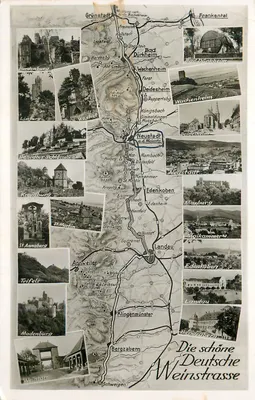 A Rota dos Vinhos Alemã — carta postal panorâmica com fotos de locais e mapa da região
