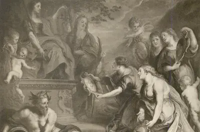Cena mitológica — mulheres e putti — editor desconhecido