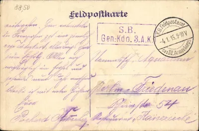 Feldpostkarte — Gen.Kdo. 3.A.K. — S.B. — datée 4.1.15.9-10 V