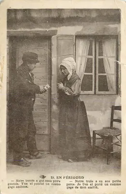 Bilhete postal antigo Em Perigord Nossa Porca teve seus pequenos porcos Folclore