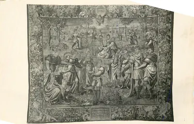 Cena de jardim com personagens em trajes históricos — gravura emoldurada — editor e n° de série ilegíveis
