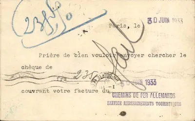 Paris — solicitação de cheque para fatura — Chemins de Fer Allemands, Service Renseignements Touristiques
