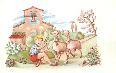 Criança e duas cabras perto de uma igreja — ilustração colorida — editor e número de série ilegíveis