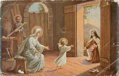 Bilhete postal antigo Santa Teresinha do Menino Jesus lançando flores sob os pés do Menino Jesus (Quadro alusivo)