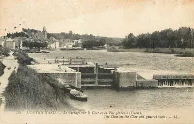 Bilhete postal antigo Montrichard O Barragem sobre o Cher e a Vista geral (Oeste)