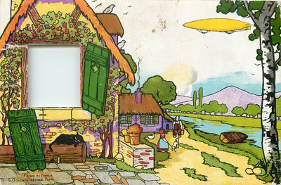 Paisagem rural com balão dirigível — G Gossens depositado, Paris