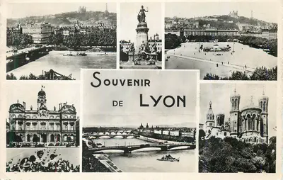 Pamiątka z Lyonu — widok panoramiczny z statuą Wolności, Starego Lyonu, katedry i mostu