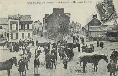 Pont-Évêque (Calvados) — Place Vauquelin e Marché aux Chevaux — R. Barbier, Édit. Pont-Évêque
