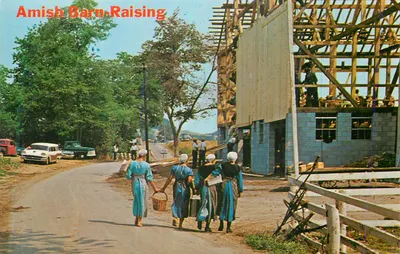 Amish Barn-Raising — cena de construção — editor e n° de série não legíveis