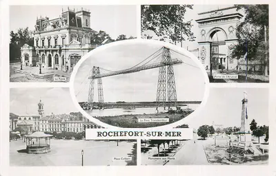 Rochefort-sur-Mer — vista panorâmica com a postagem, o ponte Transbordeur, a porta do Arsenal e o monumento aos mortos — editor desconhecido