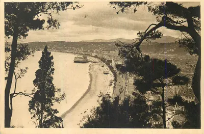 Vista da praia e do porto de Cannes — vista a partir dos pinheiros — editor não visível