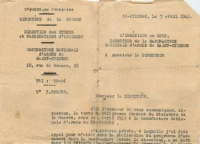 डी गॉल के द्वारा टाइप की गई पत्र — सेंट एटिएन, 7 अप्रैल 1945 — इंजीनियर मुख्य निर्देशक राष्ट्रीय कारखाना